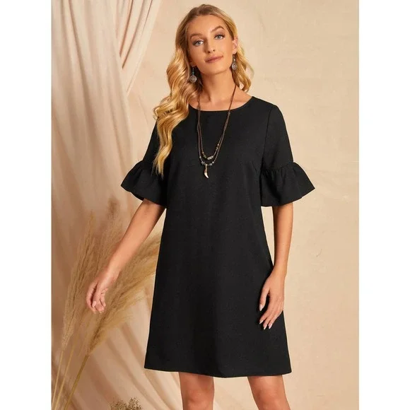 boho short sleeve Bell Cuff Tunic Dress black - Picture 1 of 5